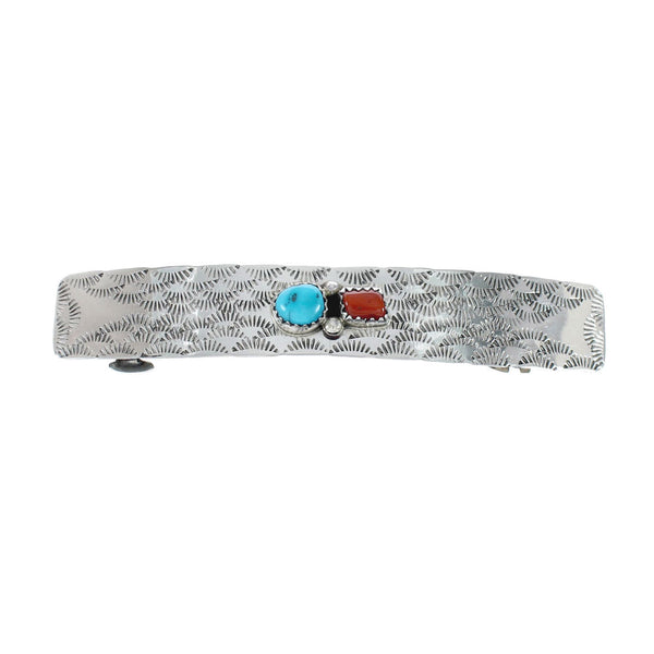 Native American Navajo Turquoise Coral Sterling Silver Hair Barrette JX131013